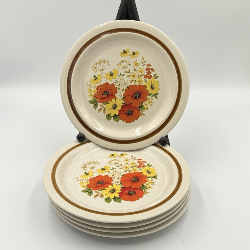 1970s Mikasa Hallkraft Sunny Brook Stoneware Salad Plates Orange 7.5" Set 6